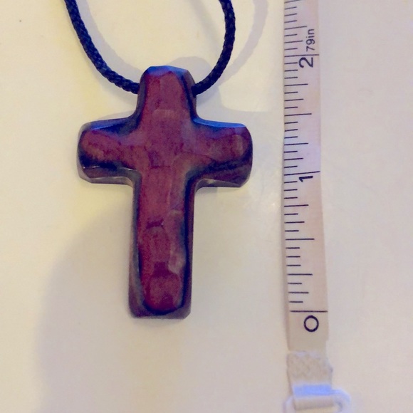 Wood look carved cross on cord - Picture 2 of 7
